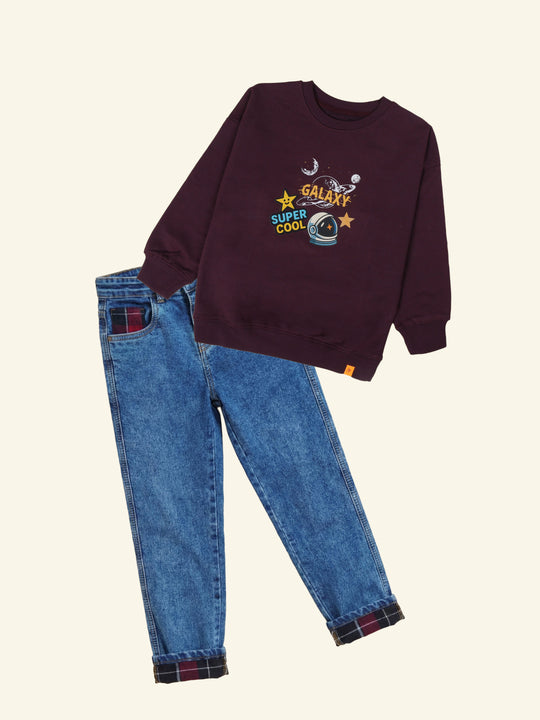 Boys Round Neck Sweatshirt With Space themed Badges and Prints & Denim Jeans Set