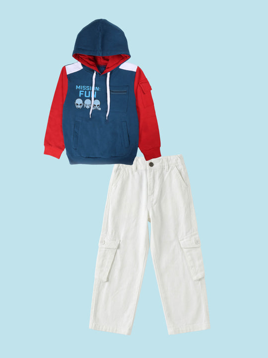 Boys Hooded Sweatshirt With Pocket With Multi Print & Straight Fit Cargo Pant Set
