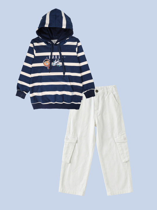 Boys Fleece Full Sleeve Striped Pull Over Hooded Sweatshirt With Badges and Prints & Straight Fit Cargo Pant Set