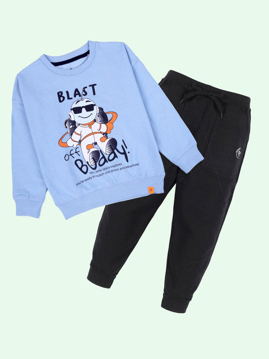 Kiddopanti Boys Blast Buddy Print Round Neck Sweatshirt With Fleece Track Pant Set