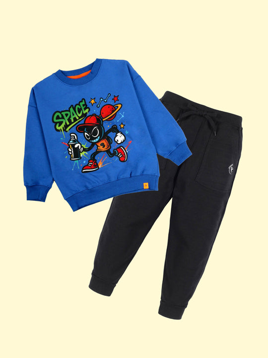 Kiddopanti Boys Space Graffiti Round Neck Sweatshirt With Fleece Track Pant Set