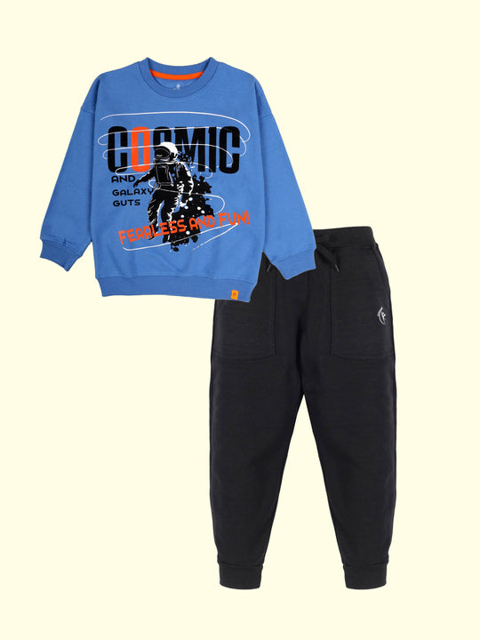 Kiddopanti Boys Cosmic Galaxy Print Round Neck Sweatshirt With Fleece Track Pant Set