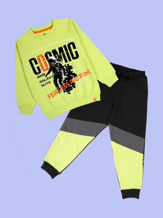 Kiddopanti Boys Cosmic Galaxy Print Round Neck Sweatshirt With Cut and Sew New York City Side Seam Tape Track Pant Set