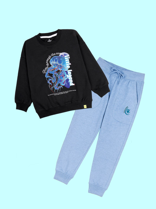 Kiddopanti Boys Glow Jellyfish Print Round Neck Sweatshirt With Fleece Track Pant Set
