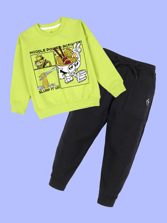 Kiddopanti Boys Noodle Power Print Round Neck Sweatshirt With Fleece Track Pant