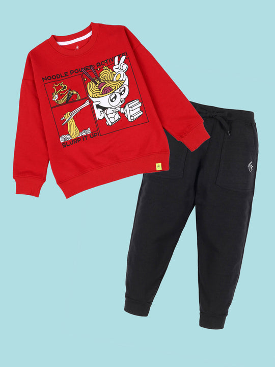 Kiddopanti Boys Noodle Power Print Round Neck Sweatshirt With Fleece Track Pant