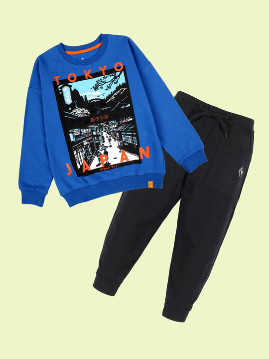 Kiddopanti Boys Tokyo Japan Cityscape Print Round Neck Sweatshirt With Fleece Track Pant Set