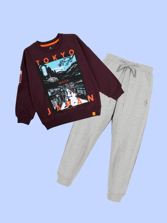 Kiddopanti Boys Tokyo Japan Cityscape Print Round Neck Sweatshirt With Fleece Track Pant Set