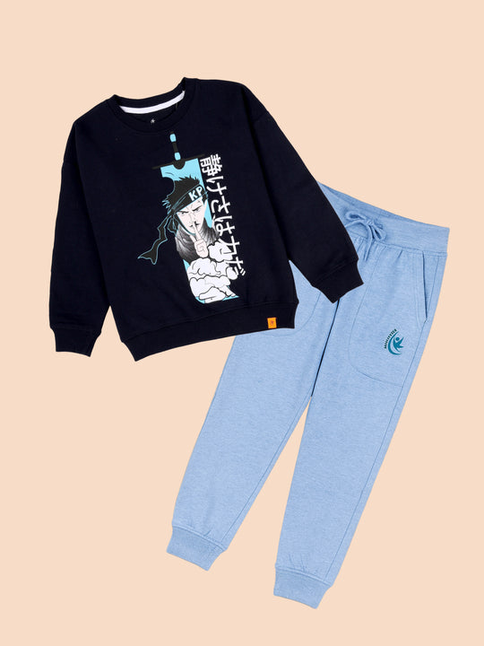 Kiddopanti Boys Samurai Print Round Neck Sweatshirt With Fleece Track Pant Set