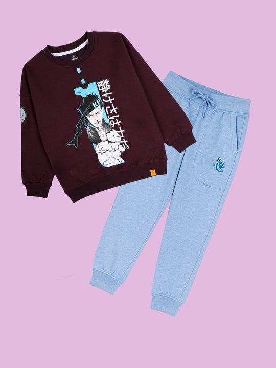 Kiddopanti Boys Samurai Print Round Neck Sweatshirt With Fleece Track Pant Set