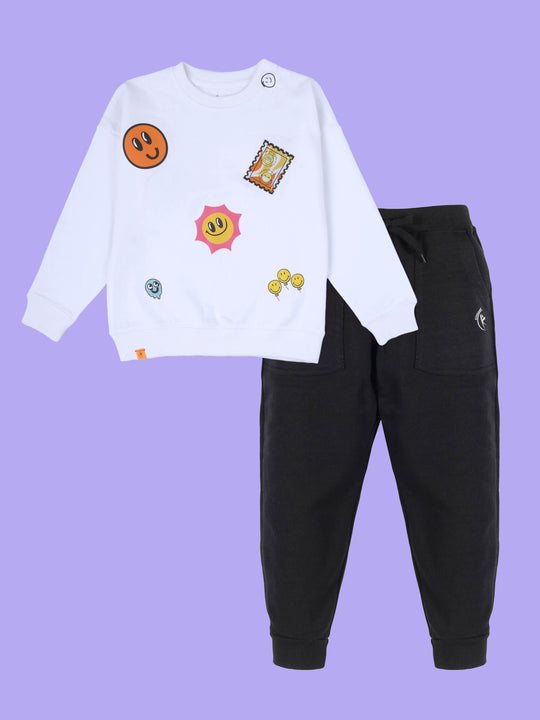Kiddopanti Boys Fleece Round Neck Sweatshirt With Multiple Smiley Badges With Fleece Track Pant Set