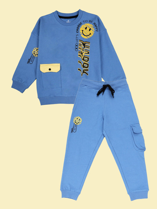 Kiddopanti Boys Stay Happy Smiley Graphic Sweatshirt with Pocket Detail With Single Cargo Fleece Track Pant With Smiley Print Set