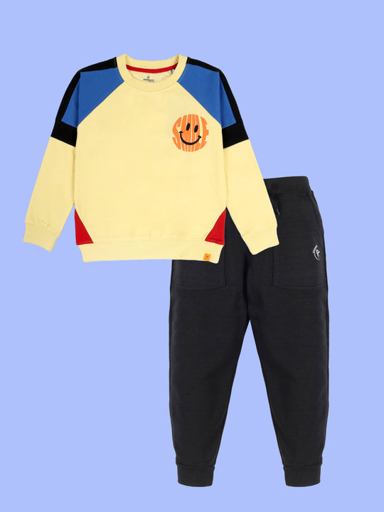 Kiddopanti Boys Cut and Sew Smiley Print Round Neck Sweatshirt With Fleece Track Pant Set