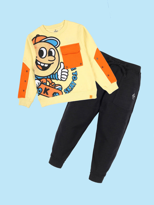 Kiddopanti Boys Thumbs Up Skater Sweatshirt with Patch Pocket With Fleece Track Pant Set