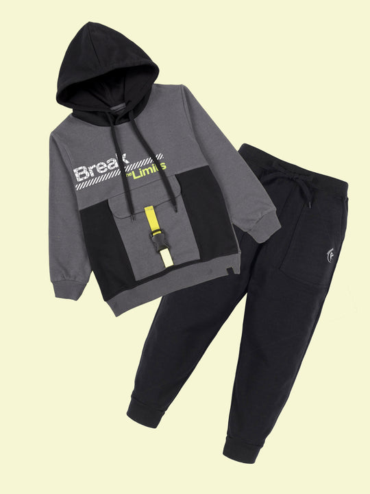 Kiddopanti Boys "Break Limits" Colorblock Hoodie with Buckle Pocket With Fleece Track Pant Set