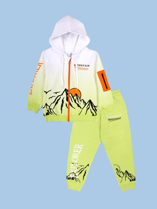 Kiddopanti Boys Mountain Wilderness Explorer Gradient Zip-Up Hoodie With Explorer Printed Fleece Track Pant Set