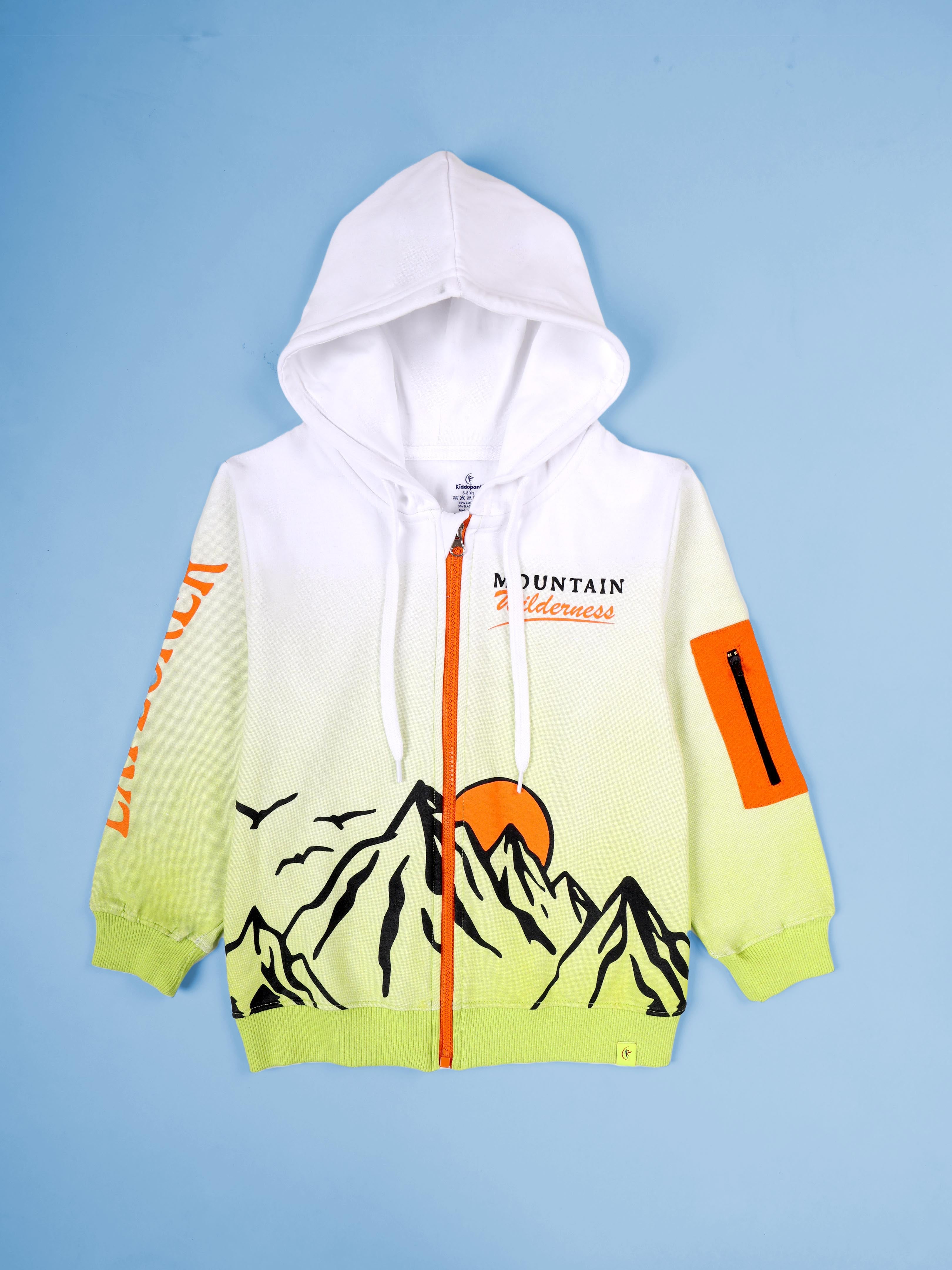 Kiddopanti Boys Mountain Wilderness Explorer Gradient Zip-Up Hoodie With Explorer Printed Fleece Track Pant Set