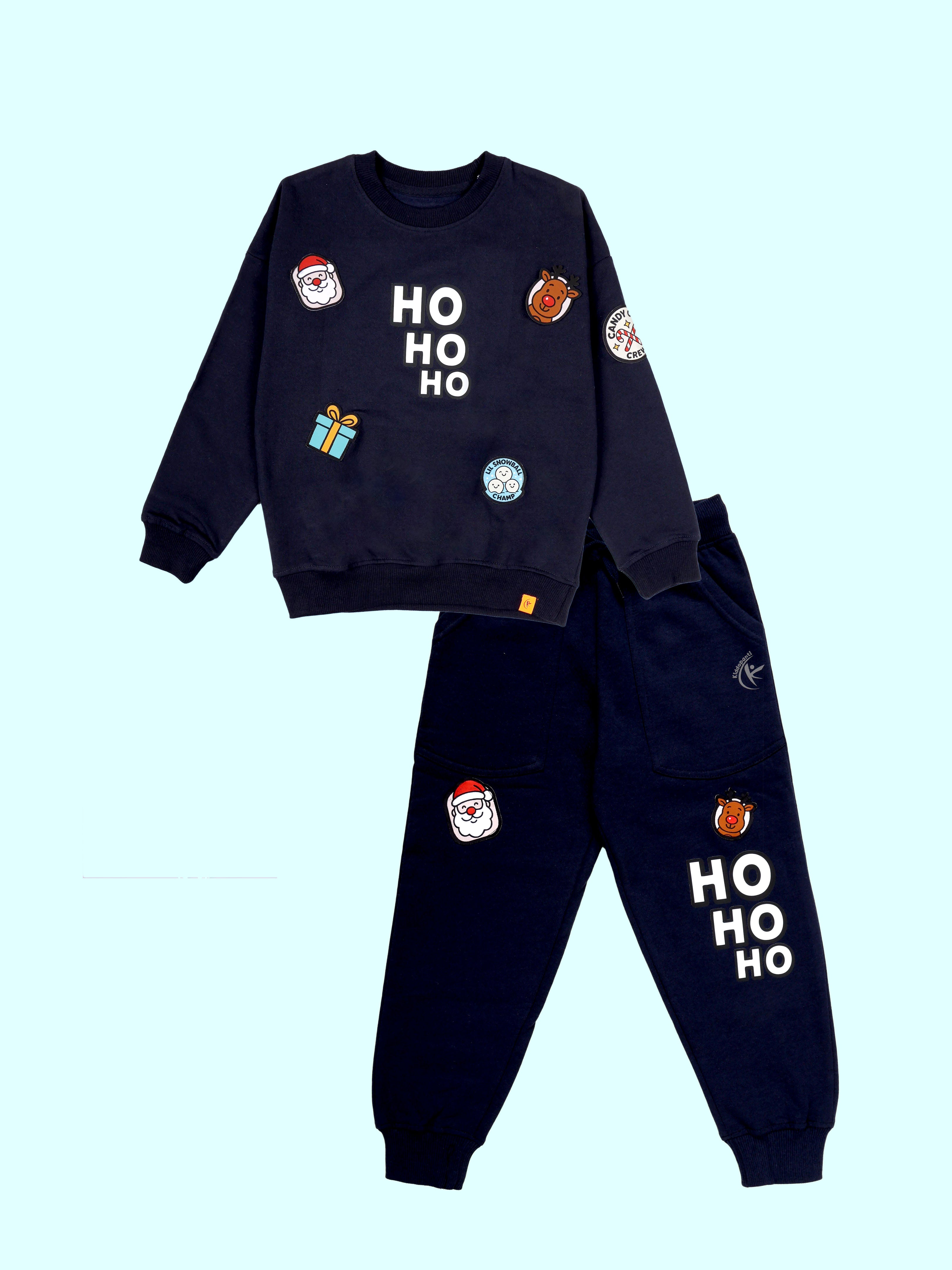 Kiddopanti Boys Fleece Christmas Themed Badges & Round Neck Sweatshirt With Joggers Track Pant Coorde Set