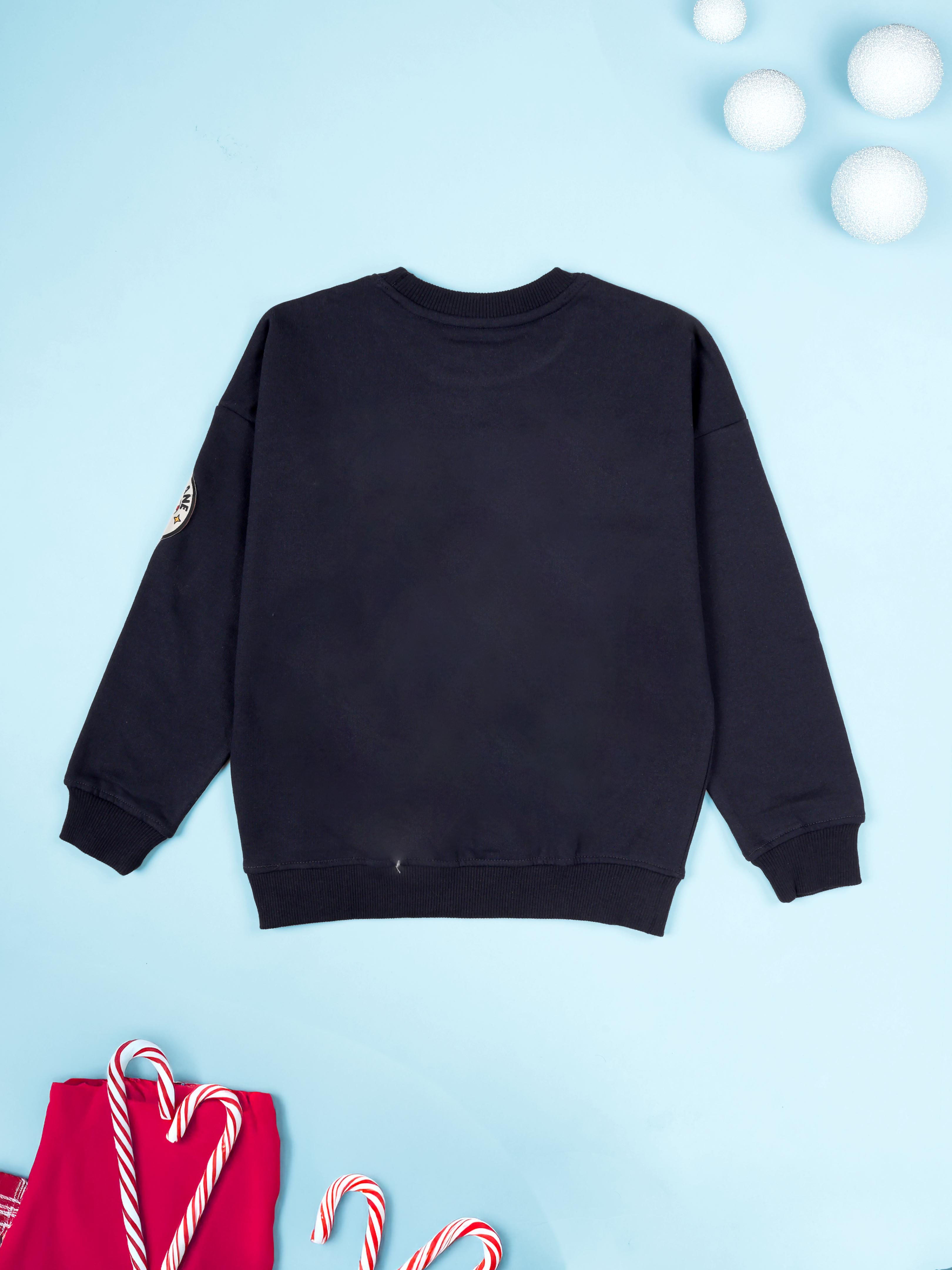 Kiddopanti Boys Fleece Christmas Themed Badges & Round Neck Sweatshirt With Joggers Track Pant Coorde Set