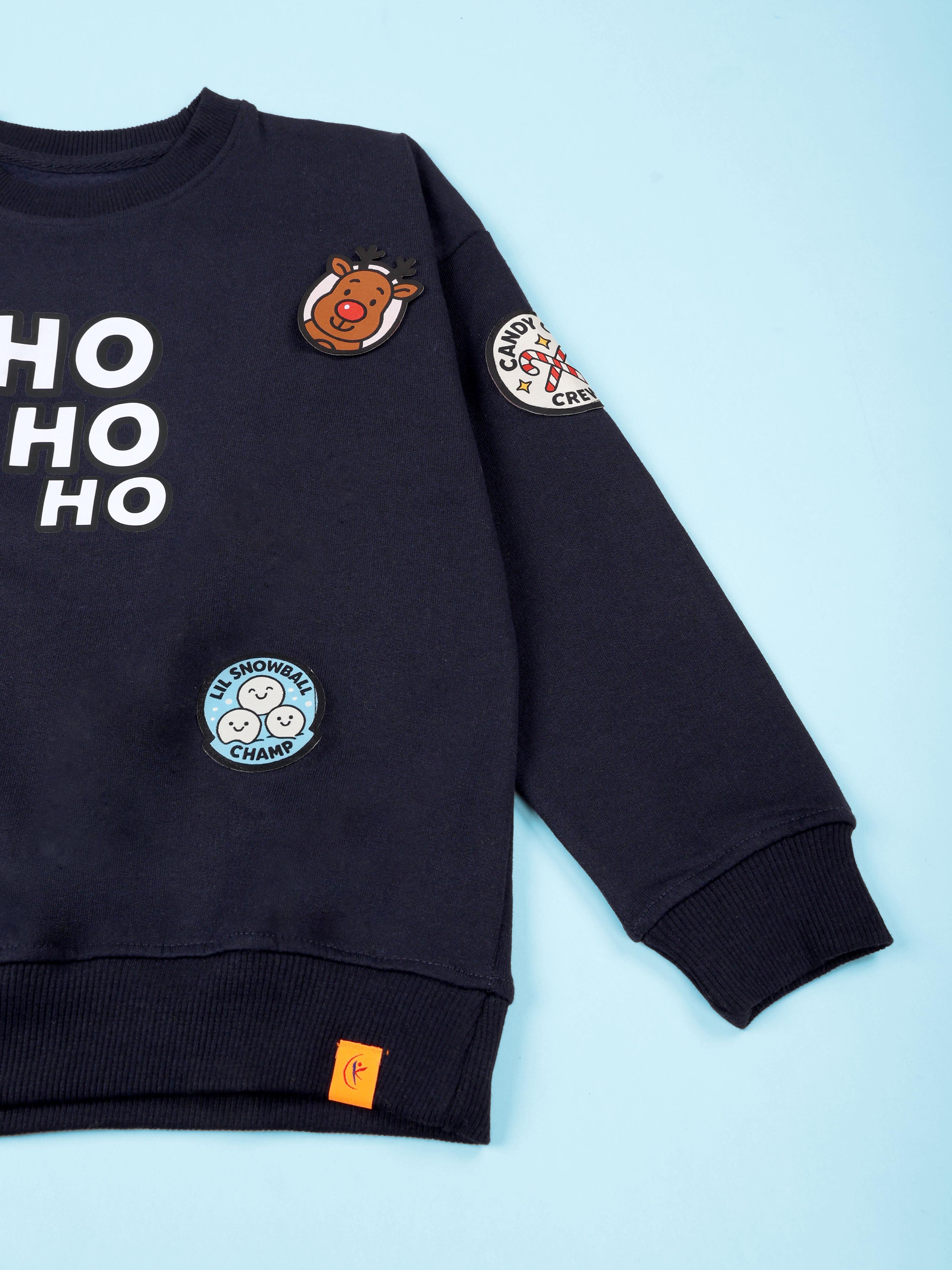 Kiddopanti Boys Fleece Christmas Themed Badges & Round Neck Sweatshirt With Joggers Track Pant Coorde Set