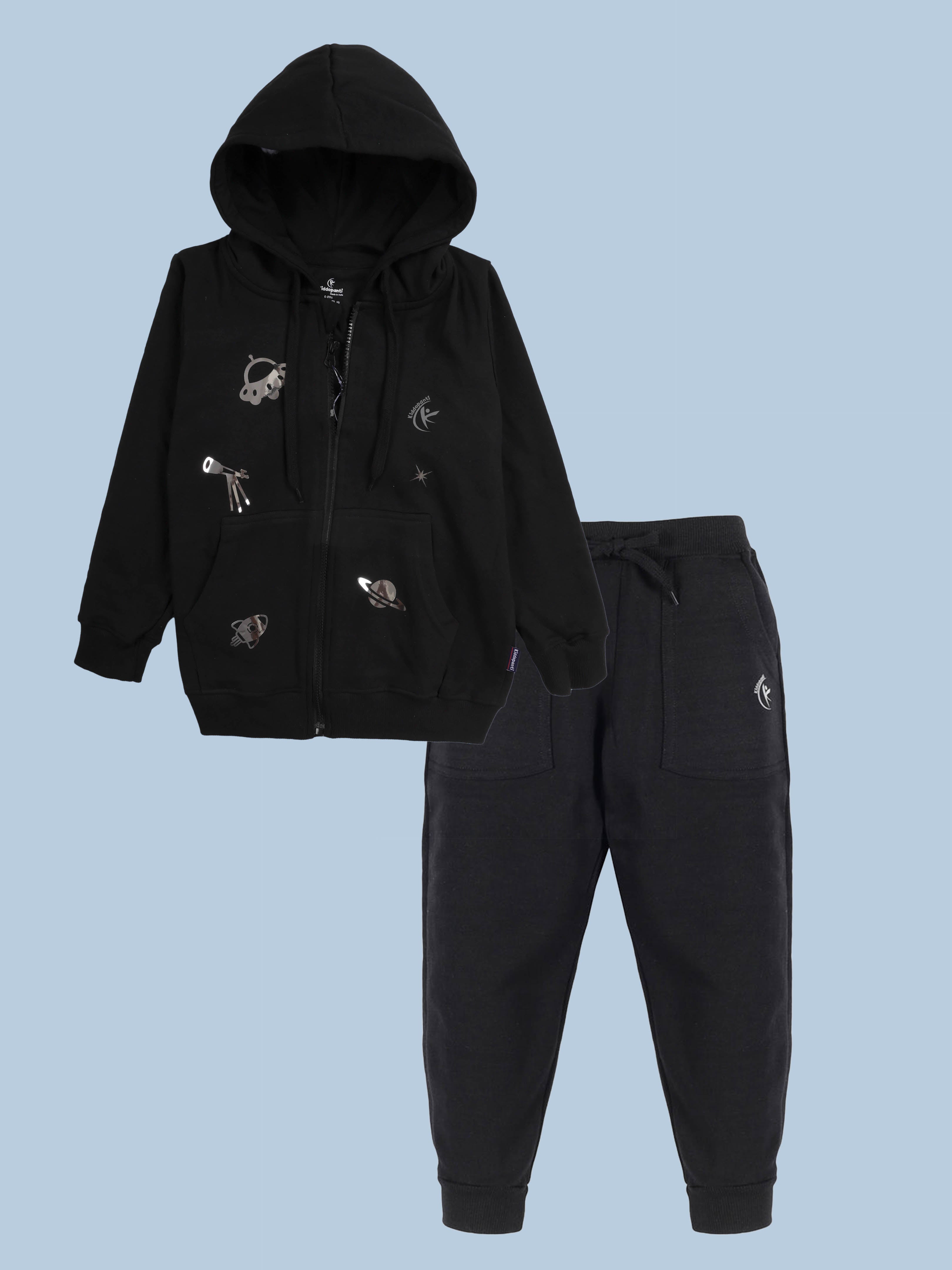 Kiddopanti Boys Fleece Full Sleeves Printed Zip-Up Hoodie Front Open Hooded Sweatshirt & Track Pant Set