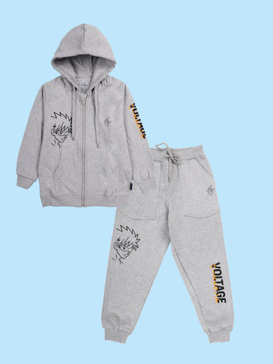 Kiddopanti Boys Fleece Full Sleeves Printed Zip-Up Hoodie Front Open Hooded Sweatshirt & Track Pant Set