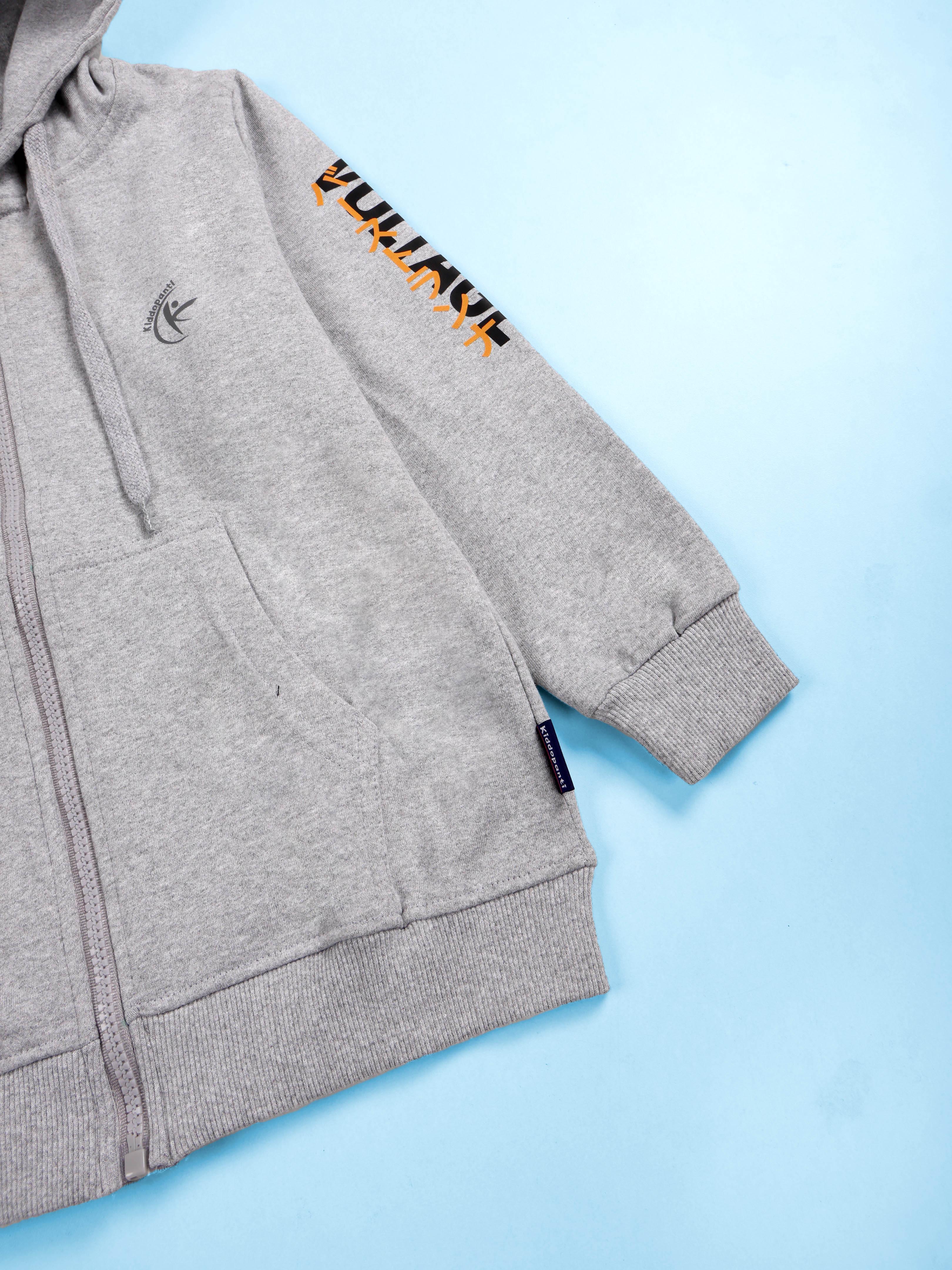 Kiddopanti Boys Fleece Full Sleeves Printed Zip-Up Hoodie Front Open Hooded Sweatshirt & Track Pant Set