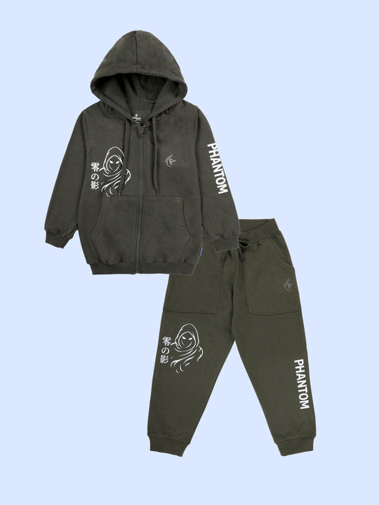 Kiddopanti Boys Fleece Full Sleeves Printed Zip-Up Hoodie Front Open Hooded Sweatshirt & Track Pant Set