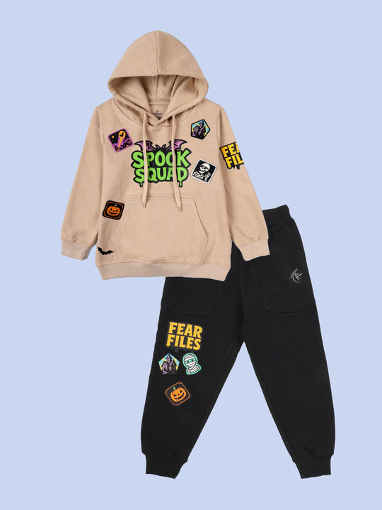 Kiddopanti Boys Fleece Full Sleeves Themed Pullover Hooded Sweatshirt & Track Pant Set