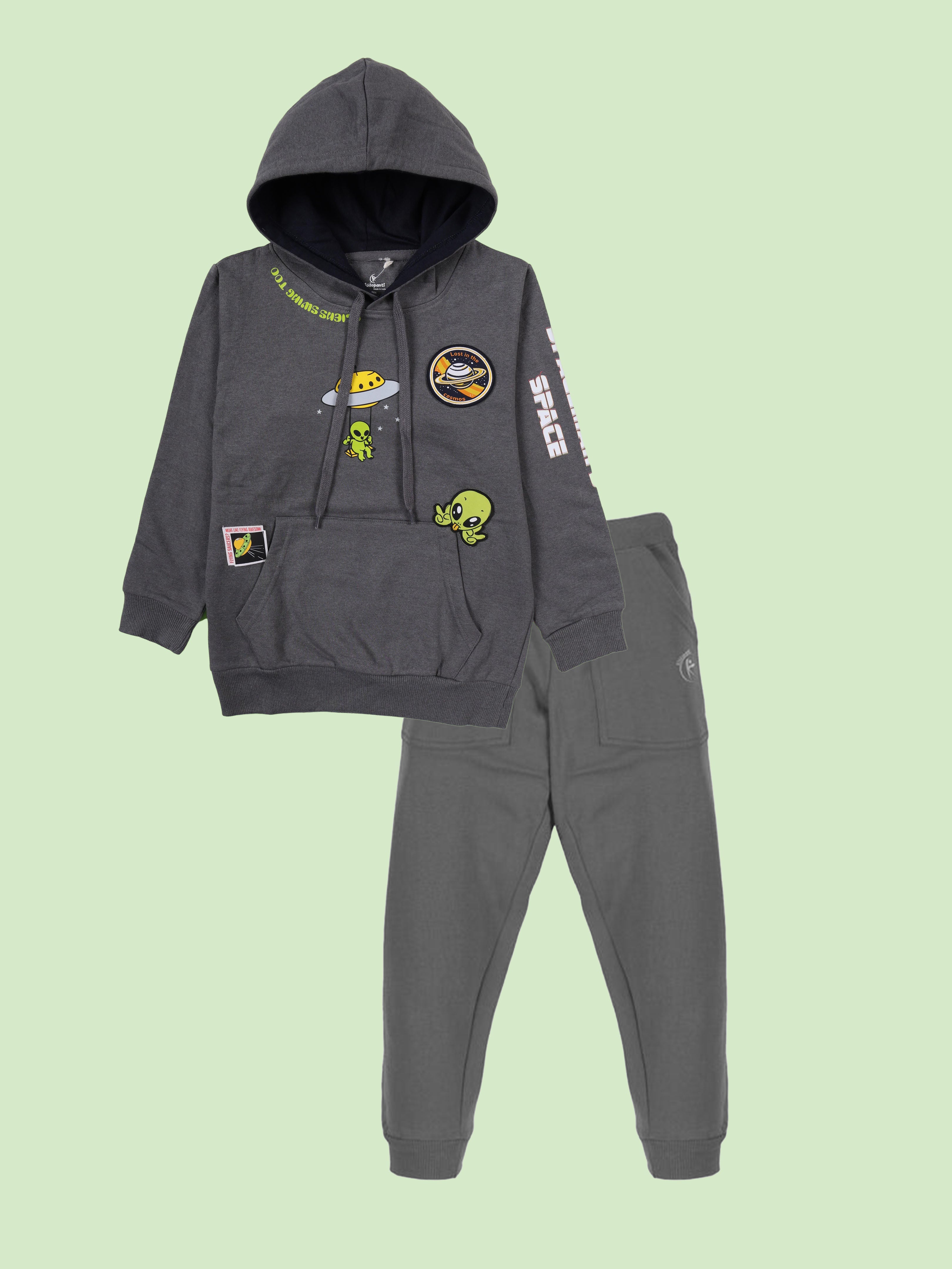 Kiddopanti Boys Fleece Full Sleeves Themed Pullover Hooded Sweatshirt & Track Pant Set