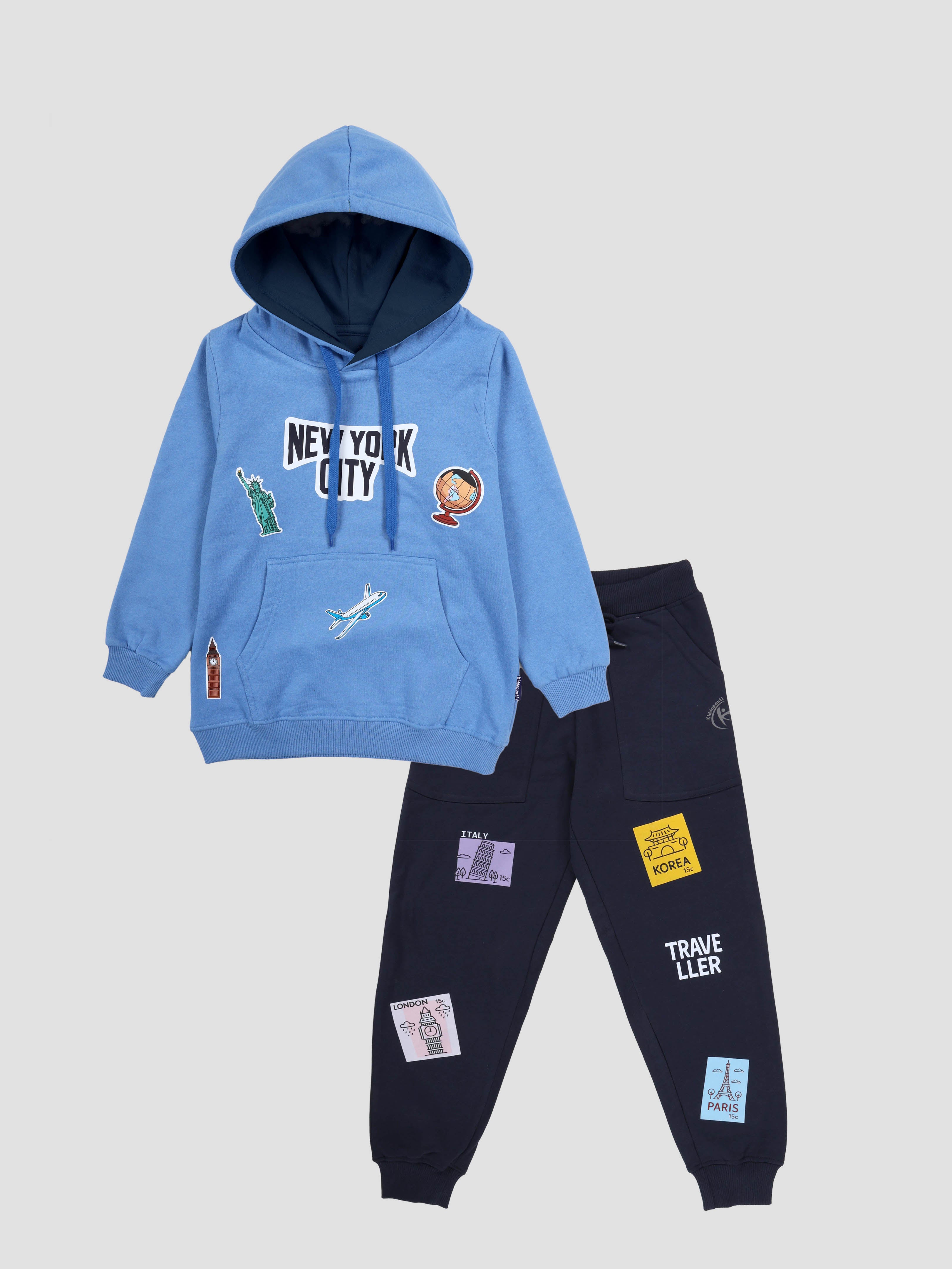 Kiddopanti Boys Fleece Full Sleeves Themed Pullover Hooded Sweatshirt & Track Pant Set