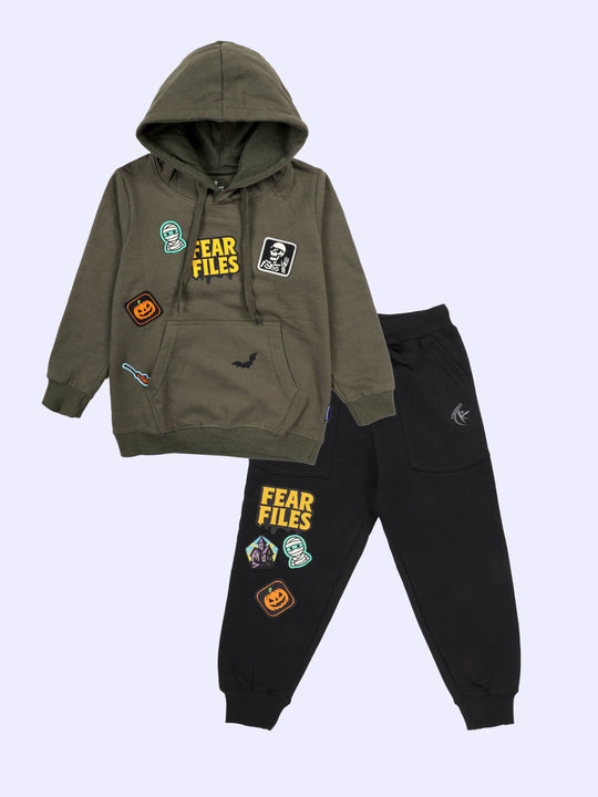 Kiddopanti Boys Fleece Full Sleeves Themed Pullover Hooded Sweatshirt & Track Pant Set