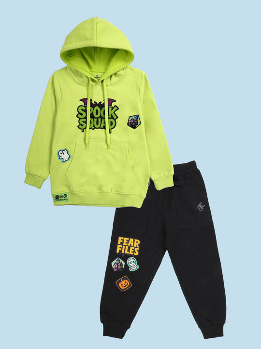 Kiddopanti Boys Fleece Full Sleeves Themed Pullover Hooded Sweatshirt & Track Pant Set