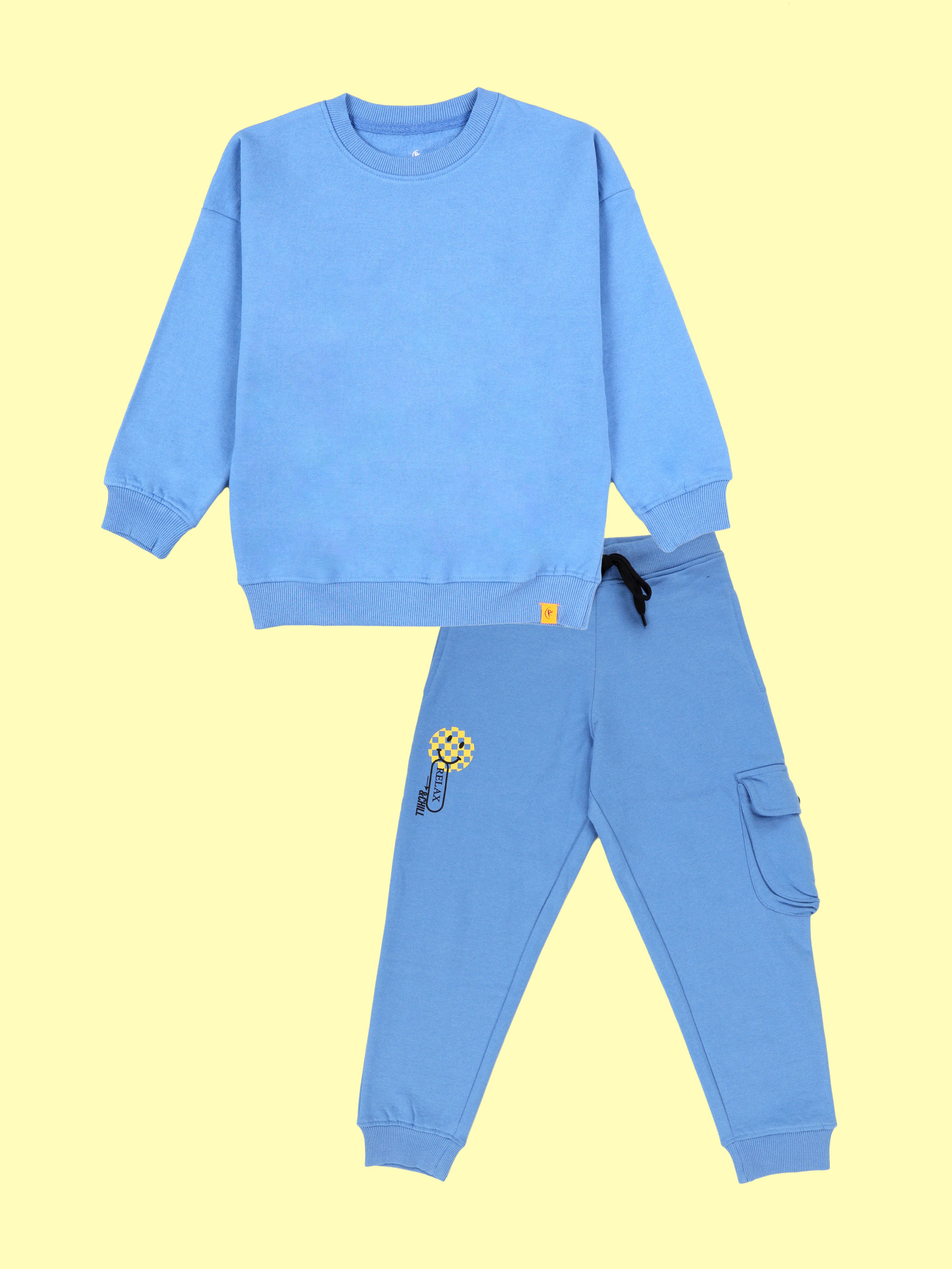 Kiddopanti Boys Solid Fleece Round Neck Sweatshirt & Single Cargo Pocket Track Pant With Smiley Print Set