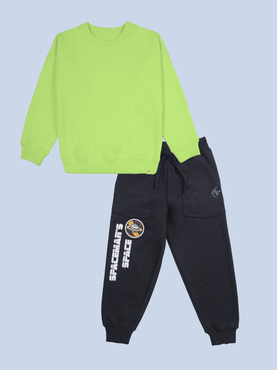 Kiddopanti Boys Solid Fleece Round Neck Sweatshirt & Printed Track Pant Set