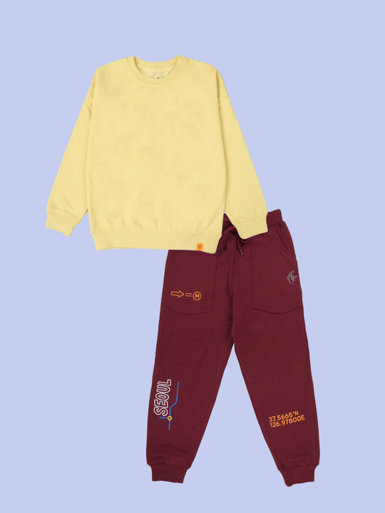 Kiddopanti Boys Solid Fleece Round Neck Sweatshirt & Printed Track Pant Set