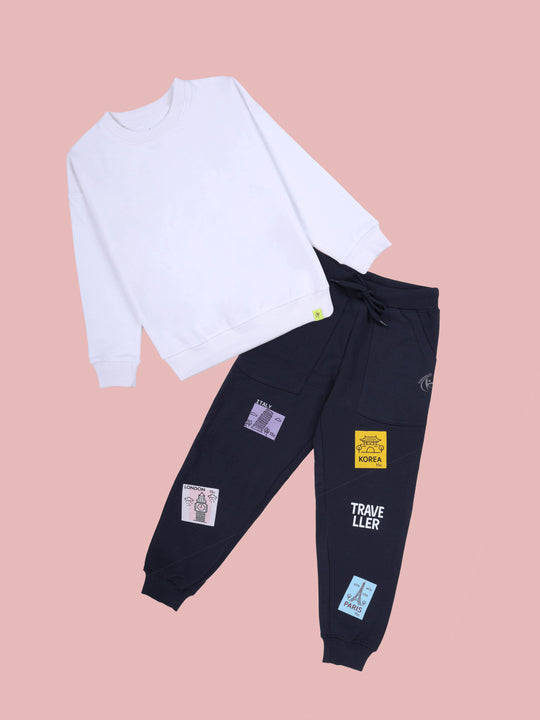 Kiddopanti Boys Solid Fleece Round Neck Sweatshirt & Printed Track Pant Set