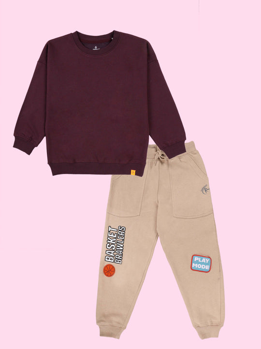 Kiddopanti Boys Solid Fleece Round Neck Sweatshirt & Printed Track Pant Set