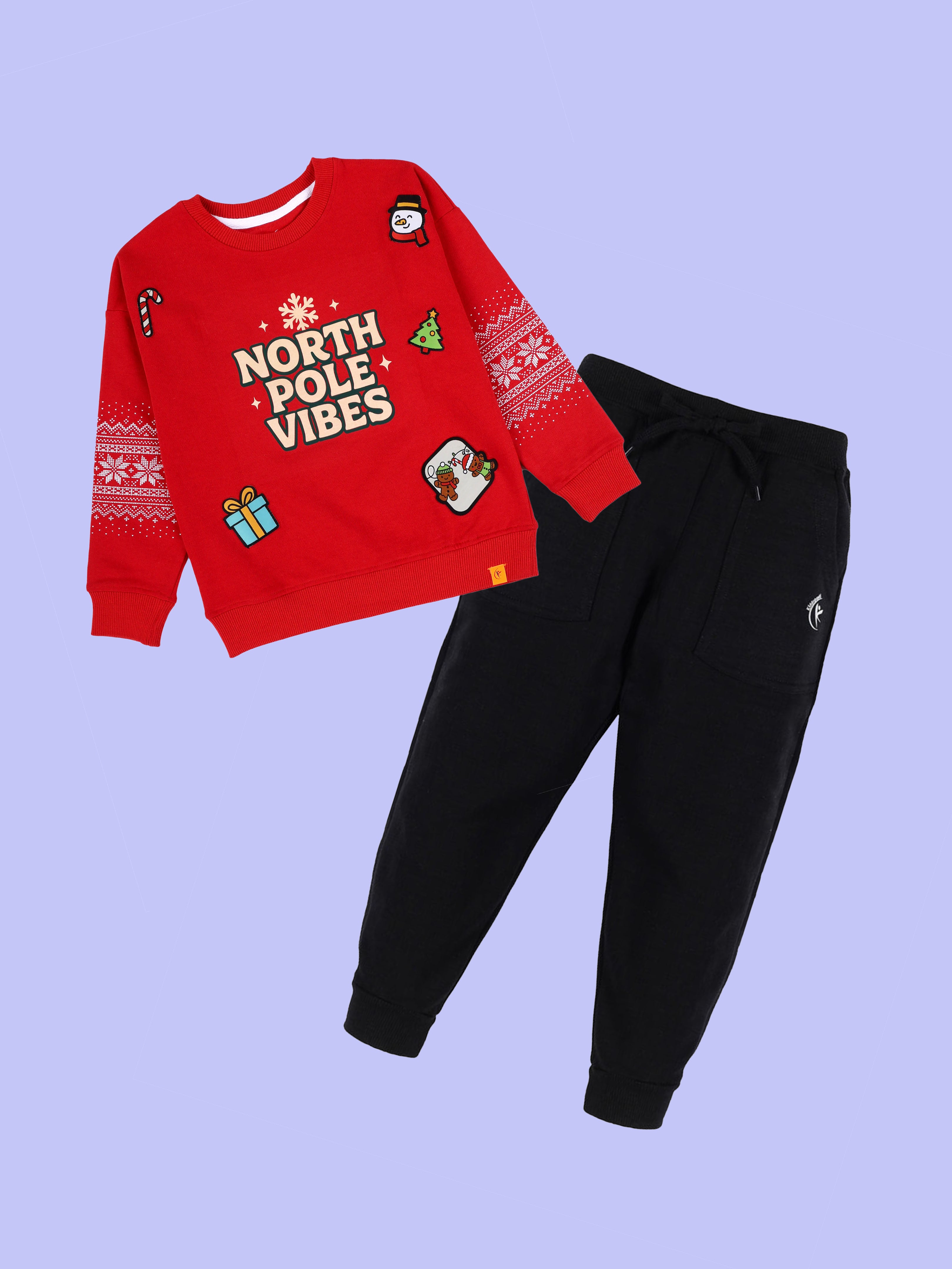 Kiddopanti Boys Cotton Fleece North Pole Vibes Snowflake Printed Sweatshirt & Christmas Themed Badges Track Pant Set