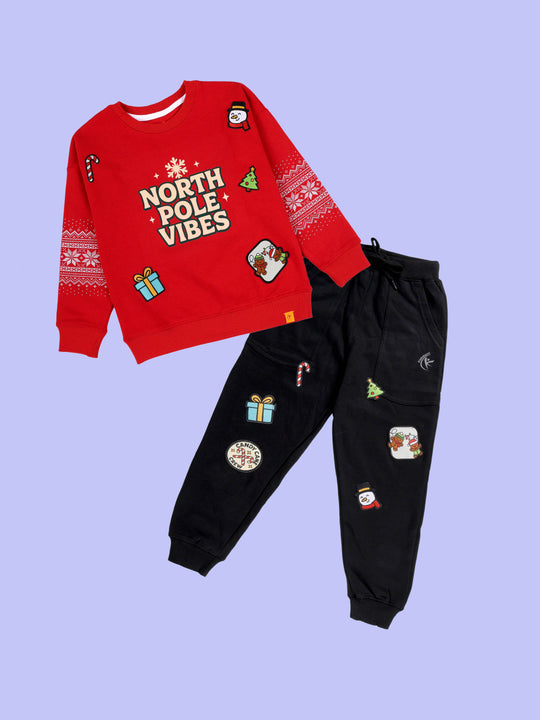 Kiddopanti Boys Cotton Fleece North Pole Vibes Snowflake Printed Sweatshirt & Christmas Themed Badges Track Pant Set