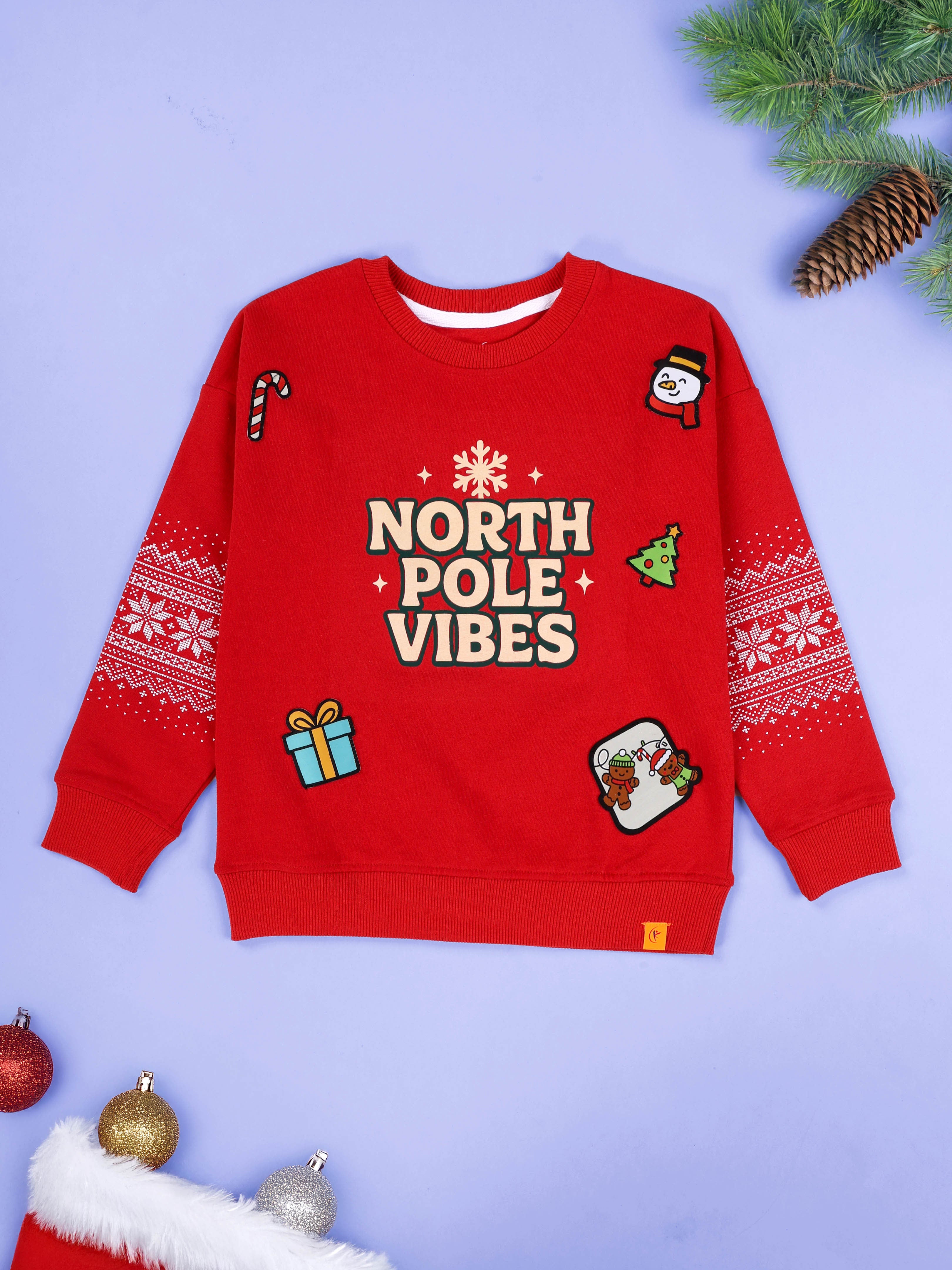 Kiddopanti Boys Cotton Fleece North Pole Vibes Snowflake Printed Sweatshirt & Christmas Themed Badges Track Pant Set