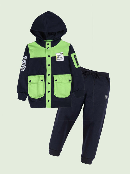 Boys Open Bellow Cargo Pocket Hooded Sweatshirt With Badges and Prints & Track Pant Set