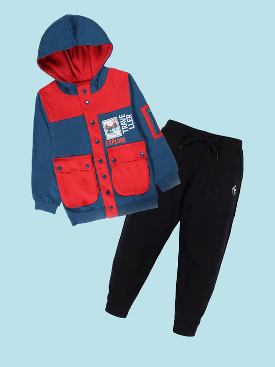 Boys Open Bellow Cargo Pocket Hooded Sweatshirt With Badges and Prints & Track Pant Set