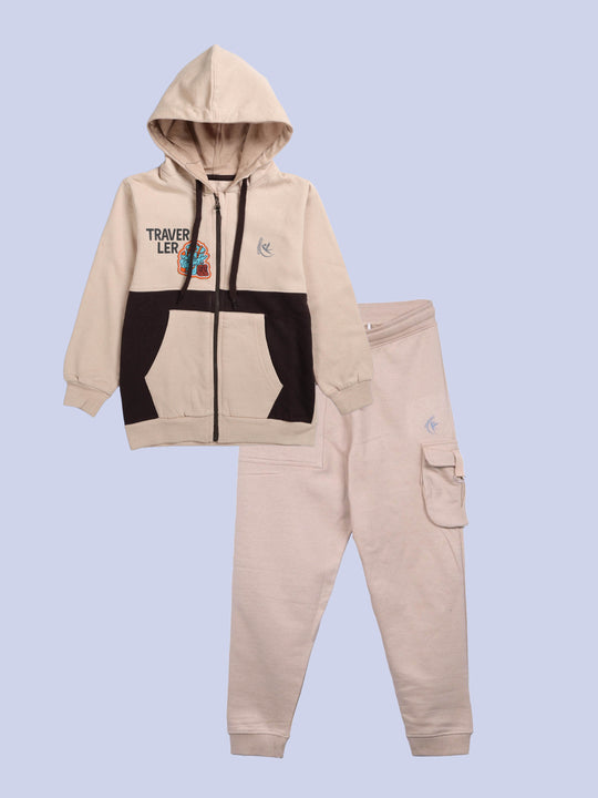 Boys Fleece Full Sleeves Front Zip Open Hooded Sweatshirt With Traveller Themed Badges and Prints & Cargo Track Pant Set