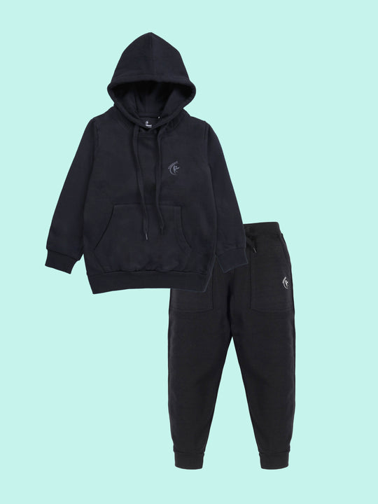 Boys Solid Full Sleeve Hooded Sweatshirt & Track Pant Set