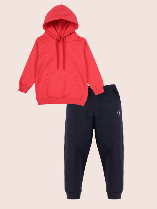 Boys Solid Full Sleeve Hooded Sweatshirt & Track Pant Set