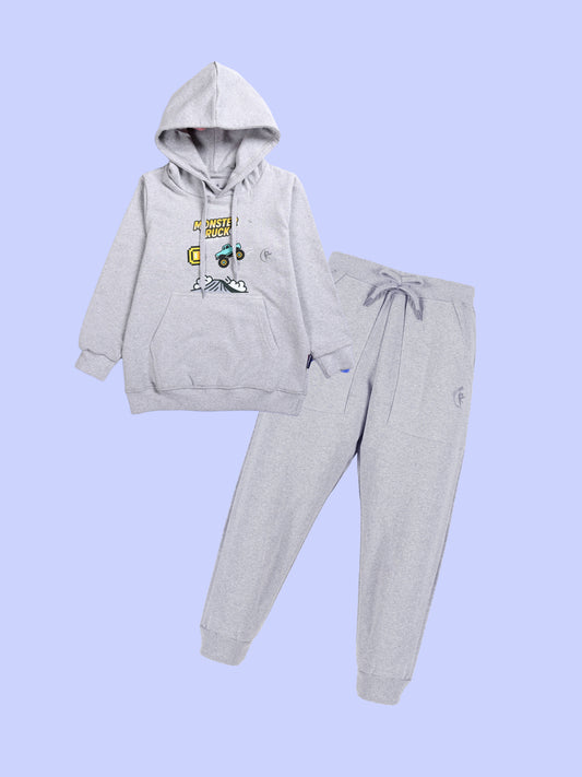 Boys Cotton Fleece Full Sleeve Hooded Sweatshirt With Monster Truck themed Prints & Fleece Track Pant Set