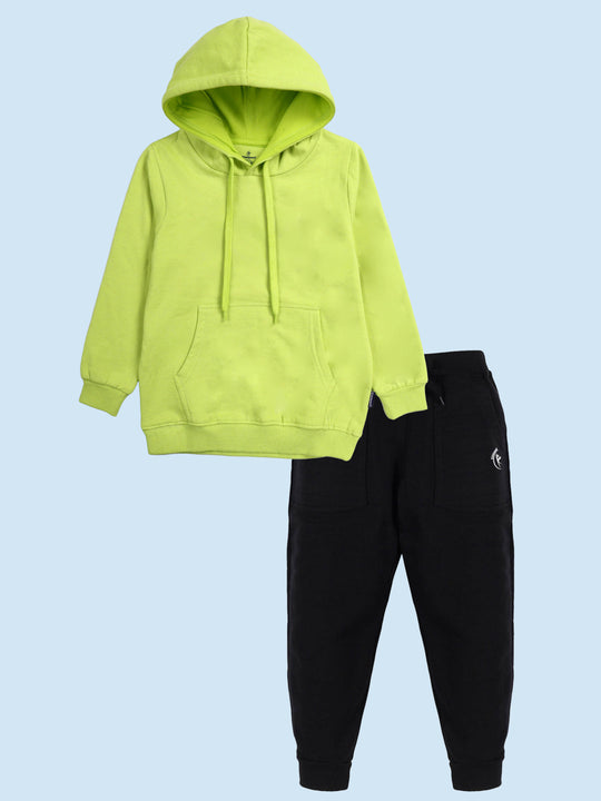 Boys Solid Full Sleeve Hooded Sweatshirt & Track Pant Set