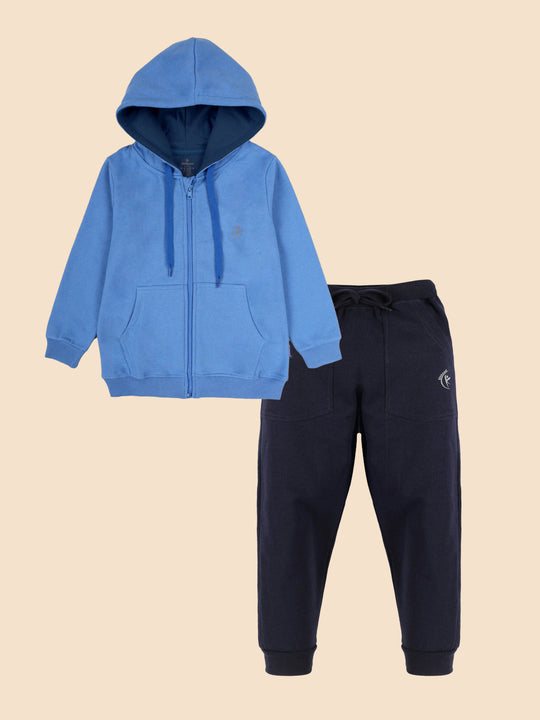 Boys Solid Full Sleeve Zip Front Open Hooded Sweatshirt & Track Pant Set