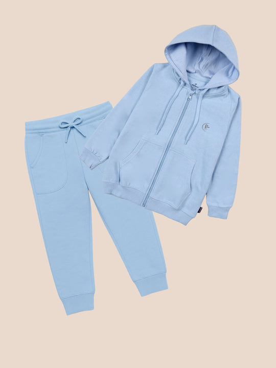 Boys Solid Full Sleeve Zip Front Open Hooded Sweatshirt & Track Pant Set